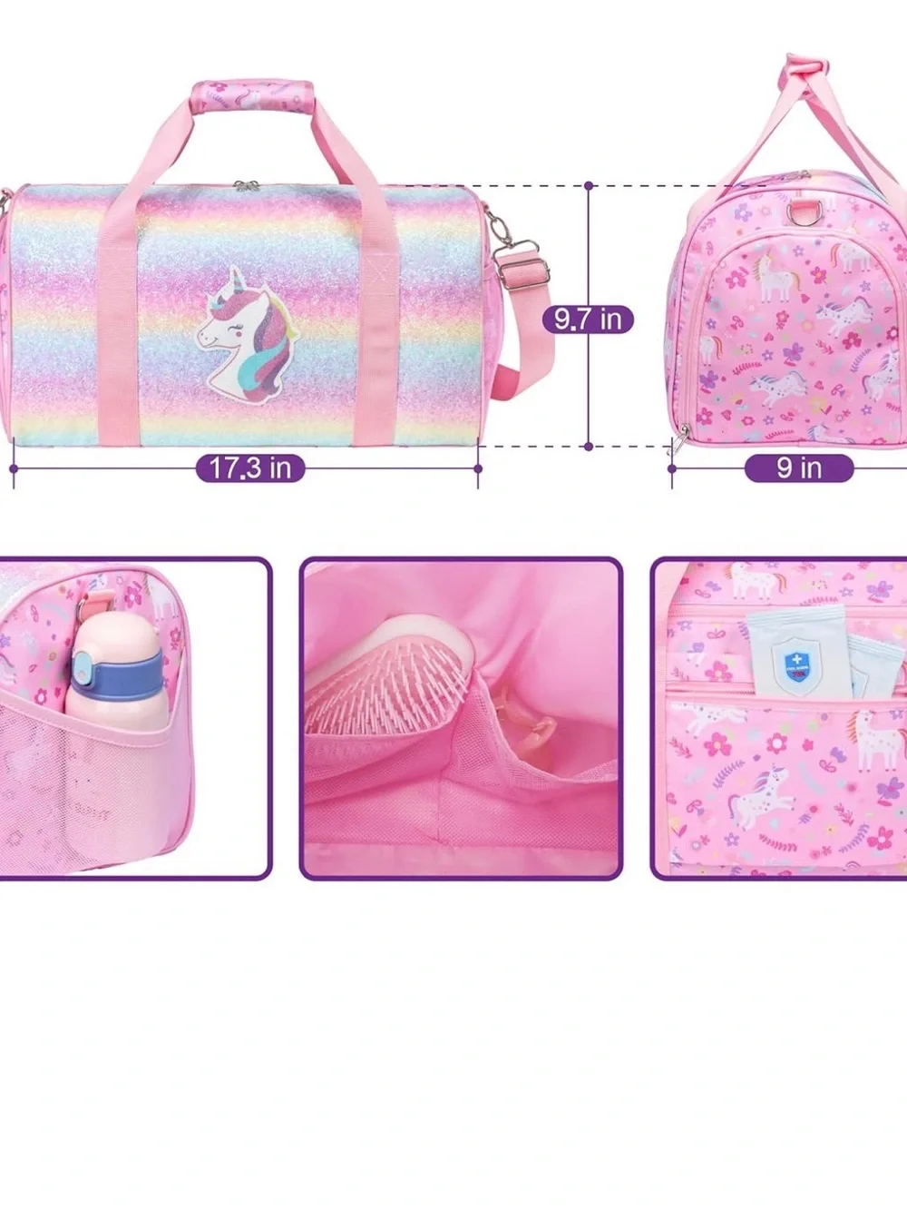 Kids Pink Unicorn Duffle dance Bag - Glitter Rainbow Travel Tote